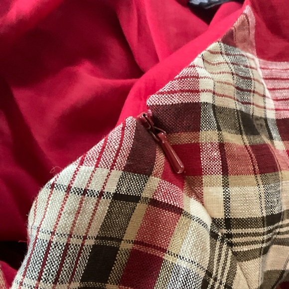 Jones New York Skirt Linen Plaid Tartan Midi Full Circle Red Tan White Size 6 - Picture 9 of 11
